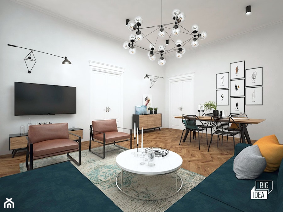 Projekt mieszkania w kamienicy 90 m2 / Kraków - Średni szary salon z jadalnią, styl nowoczesny - zdjęcie od BIG IDEA studio projektowe