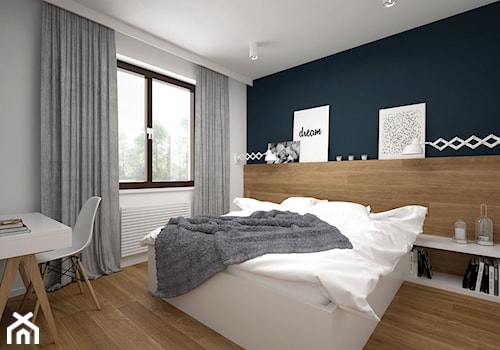 Projekt mieszkania 85 m2 / Kraków - Średnia biała niebieska z biurkiem sypialnia, styl skandynawski - zdjęcie od BIG IDEA studio projektowe