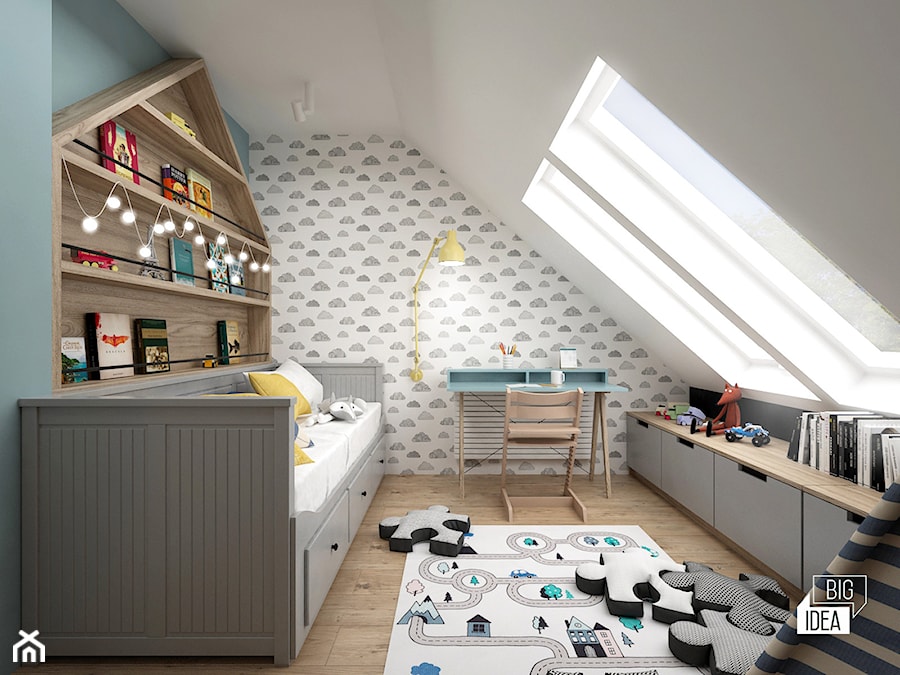 Projekt domu 107,52 m2 / Wieliczka - Średni biały szary pokój dziecka dla dziecka dla chłopca dla dziewczynki, styl skandynawski - zdjęcie od BIG IDEA studio projektowe