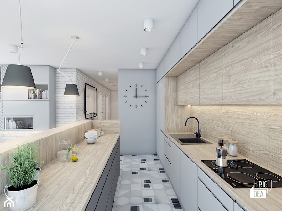 Projekt mieszkania 48,16 m2 / Kraków - Średnia otwarta z salonem szara z zabudowaną lodówką z nablatowym zlewozmywakiem kuchnia dwurzędowa, styl nowoczesny - zdjęcie od BIG IDEA studio projektowe