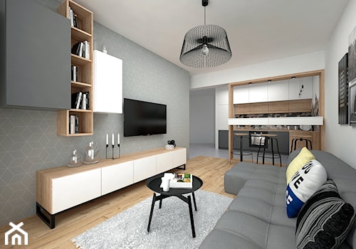 Projekt mieszkania 35 m2 / Kraków - Mały szary salon z kuchnią z jadalnią z bibiloteczką, styl skandynawski - zdjęcie od BIG IDEA studio projektowe