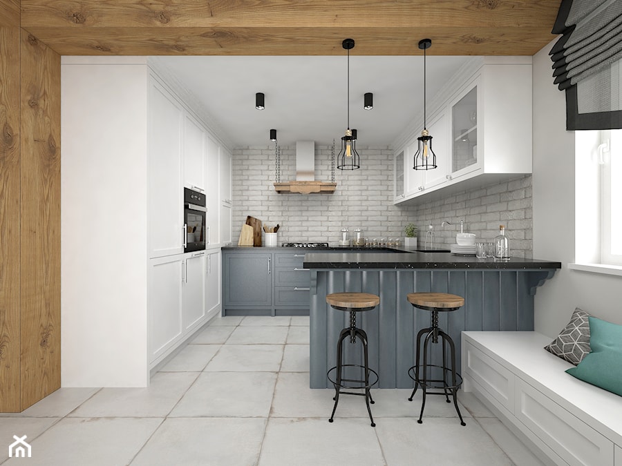 Projekt kuchni 19 m2 / Nowy Targ - Średnia otwarta z salonem z kamiennym blatem biała szara z podblatowym zlewozmywakiem kuchnia w kształcie litery u z oknem, styl industrialny - zdjęcie od BIG IDEA studio projektowe