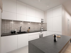 Projekt mieszkania 60 m2 / Kraków - Duża otwarta beżowa z zabudowaną lodówką z podblatowym zlewozmywakiem kuchnia w kształcie litery l z wyspą lub półwyspem, styl minimalistyczny - zdjęcie od BIG IDEA studio projektowe