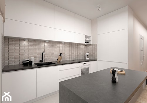 Projekt mieszkania 60 m2 / Kraków - Duża otwarta beżowa z zabudowaną lodówką z podblatowym zlewozmywakiem kuchnia w kształcie litery l z wyspą lub półwyspem, styl minimalistyczny - zdjęcie od BIG IDEA studio projektowe