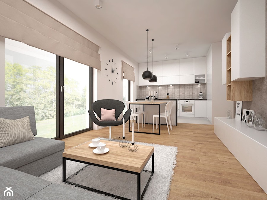 Projekt mieszkania 60 m2 / Kraków - Średni beżowy biały salon z kuchnią z jadalnią z tarasem / balkonem, styl minimalistyczny - zdjęcie od BIG IDEA studio projektowe