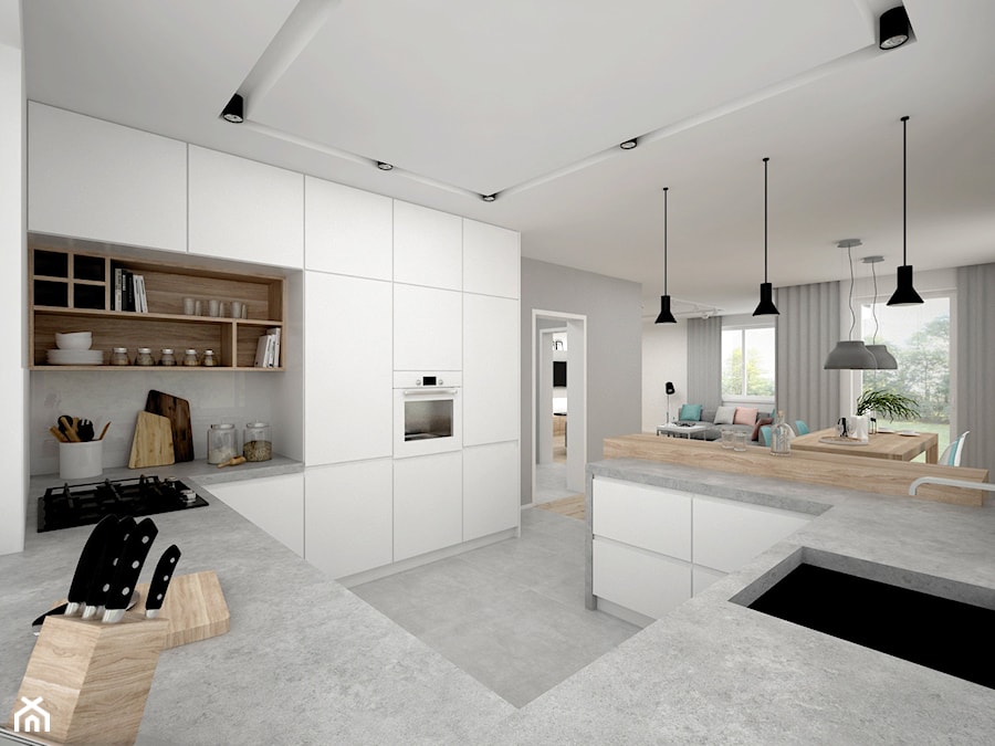 Projekt domu 70 m2 / Jabłonka - Duża otwarta z kamiennym blatem biała szara z zabudowaną lodówką z podblatowym zlewozmywakiem kuchnia w kształcie litery g, styl skandynawski - zdjęcie od BIG IDEA studio projektowe