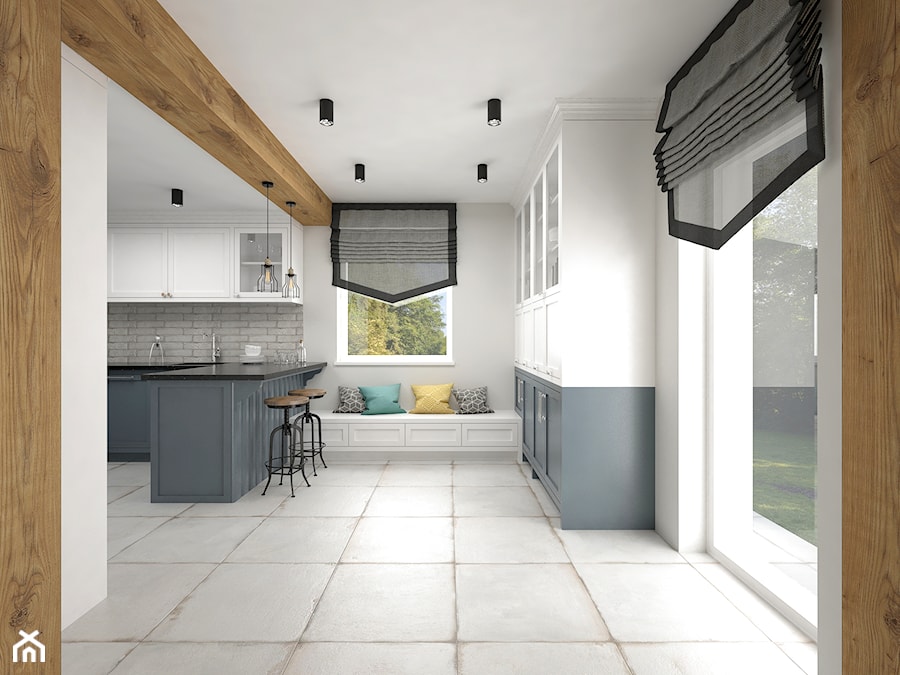 Projekt kuchni 19 m2 / Nowy Targ - Duża otwarta z salonem z podblatowym zlewozmywakiem kuchnia w kształcie litery g z oknem, styl industrialny - zdjęcie od BIG IDEA studio projektowe