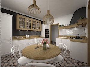 Projekt kuchni 21 m2 / Bochnia - Duża otwarta biała czarna z zabudowaną lodówką z podblatowym zlewozmywakiem kuchnia dwurzędowa, styl rustykalny - zdjęcie od BIG IDEA studio projektowe