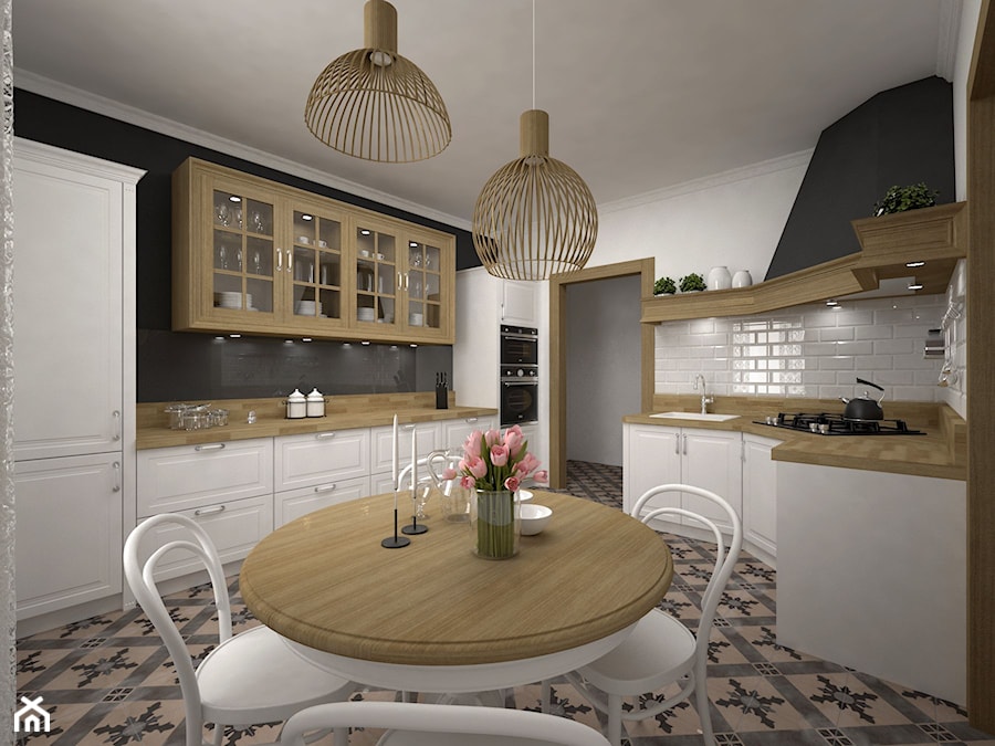 Projekt kuchni 21 m2 / Bochnia - Duża otwarta biała czarna z zabudowaną lodówką z podblatowym zlewozmywakiem kuchnia dwurzędowa, styl rustykalny - zdjęcie od BIG IDEA studio projektowe