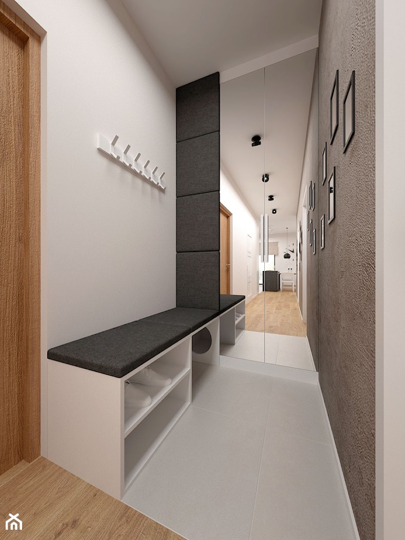 Projekt mieszkania 60 m2 / Kraków - Mały z wieszakiem biały szary hol / przedpokój, styl minimalist ... - zdjęcie od BIG IDEA studio projektowe - Homebook