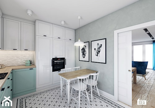 Projekt domu 56,9 m2 / Gnojnik - Średnia zamknięta beżowa szara zielona z zabudowaną lodówką kuchnia w kształcie litery l, styl nowoczesny - zdjęcie od BIG IDEA studio projektowe