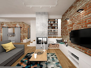 Projekt mieszkania 85 m2 / Kraków - Duży salon z bibiloteczką, styl skandynawski - zdjęcie od BIG IDEA studio projektowe