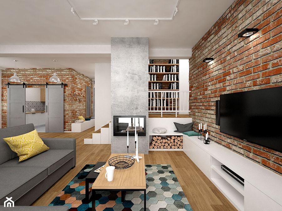 Projekt mieszkania 85 m2 / Kraków - Duży salon z bibiloteczką, styl skandynawski - zdjęcie od BIG IDEA studio projektowe