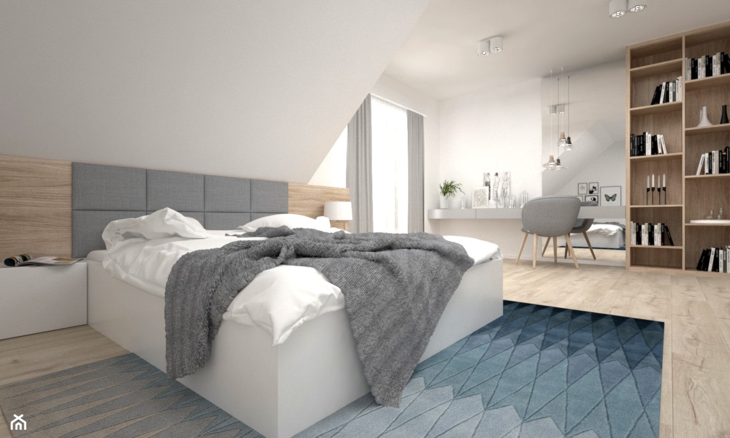 Projekt poddasza 45 m2 / Jabłonka - Duża biała sypialnia dla gości małżeńska na poddaszu, styl skan ... - zdjęcie od BIG IDEA studio projektowe - Homebook