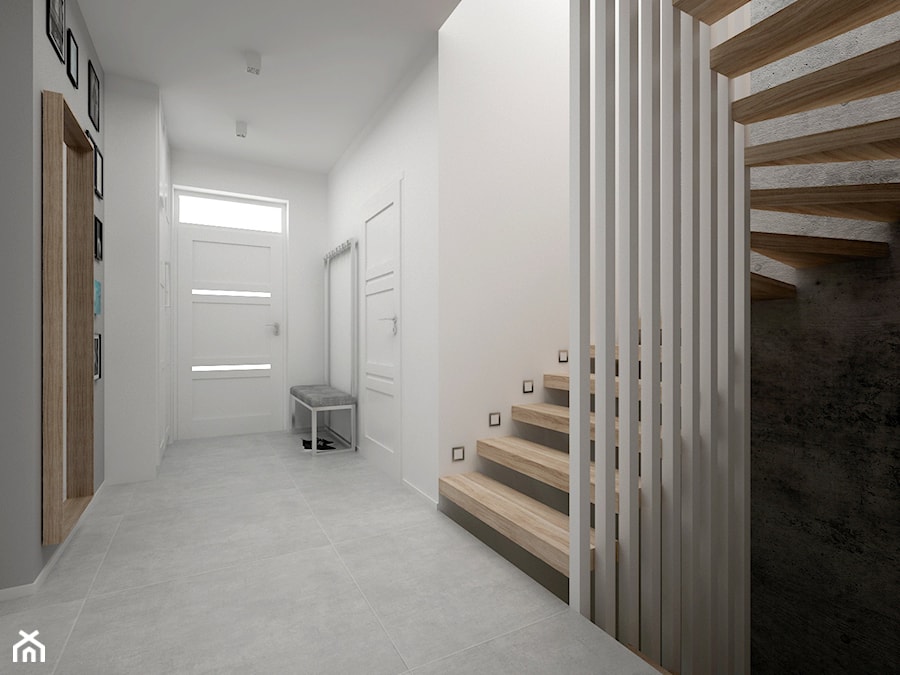 Projekt domu 70 m2 / Jabłonka - Schody wachlarzowe drewniane, styl skandynawski - zdjęcie od BIG IDEA studio projektowe