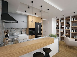Projekt domu 90 m2 / Kraków - Duża otwarta z salonem z kamiennym blatem z zabudowaną lodówką z nablatowym zlewozmywakiem kuchnia w kształcie litery g, styl nowoczesny - zdjęcie od BIG IDEA studio projektowe