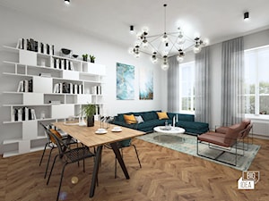 Projekt mieszkania w kamienicy 90 m2 / Kraków - Duży biały szary salon z jadalnią z bibiloteczką, styl nowoczesny - zdjęcie od BIG IDEA studio projektowe