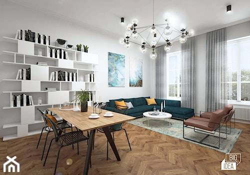 Projekt mieszkania w kamienicy 90 m2 / Kraków - Duży biały szary salon z jadalnią z bibiloteczką, styl nowoczesny - zdjęcie od BIG IDEA studio projektowe