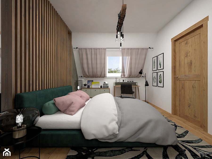 Projekt sypialni 15 m2 / Nowy Targ - Średnia biała szara z biurkiem sypialnia na poddaszu, styl industrialny - zdjęcie od BIG IDEA studio projektowe