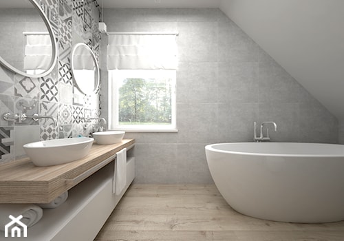 Projekt poddasza 45 m2 / Jabłonka - Średnia na poddaszu z dwoma umywalkami łazienka z oknem, styl skandynawski - zdjęcie od BIG IDEA studio projektowe