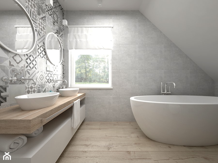 Projekt poddasza 45 m2 / Jabłonka - Średnia na poddaszu z dwoma umywalkami łazienka z oknem, styl s ... - zdjęcie od BIG IDEA studio projektowe