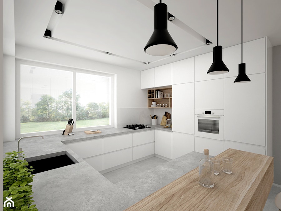 Projekt domu 70 m2 / Jabłonka - Duża otwarta z kamiennym blatem biała z zabudowaną lodówką z podblatowym zlewozmywakiem kuchnia w kształcie litery g, styl skandynawski - zdjęcie od BIG IDEA studio projektowe