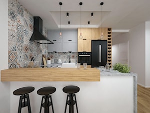 Projekt domu 90 m2 / Kraków - Średnia otwarta z salonem z kamiennym blatem biała z zabudowaną lodówką z lodówką wolnostojącą z nablatowym zlewozmywakiem kuchnia w kształcie litery u, styl nowoczesny - zdjęcie od BIG IDEA studio projektowe