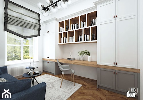 Projekt mieszkania w kamienicy 90 m2 / Kraków - Średnie z sofą z zabudowanym biurkiem białe biuro, styl nowoczesny - zdjęcie od BIG IDEA studio projektowe