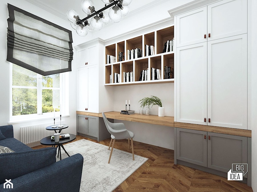 Projekt mieszkania w kamienicy 90 m2 / Kraków - Średnie z sofą z zabudowanym biurkiem białe biuro, styl nowoczesny - zdjęcie od BIG IDEA studio projektowe