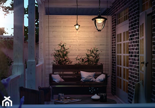 Lampy zewnętrzne - Mały w stylu vintage z kamienną podłogą z meblami ogrodowymi z donicami na kwiaty taras z przodu domu z tyłu domu, styl vintage - zdjęcie od Philips Lighting