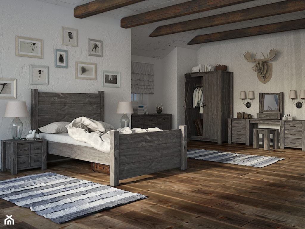 sypialnia w stylu country z drewnianymi meblami, szare meble w stylu country, szare drewniane meble
