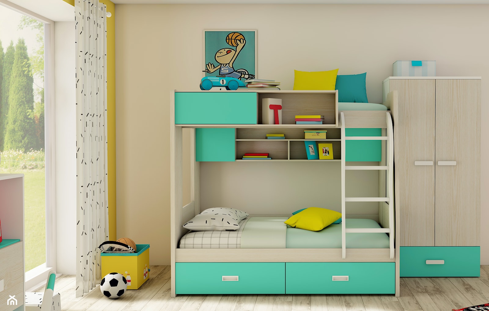Łóżko piętrowe z drabinką półkami i dużymi szufladami Elies - zdjęcie od Elies.pl - Homebook