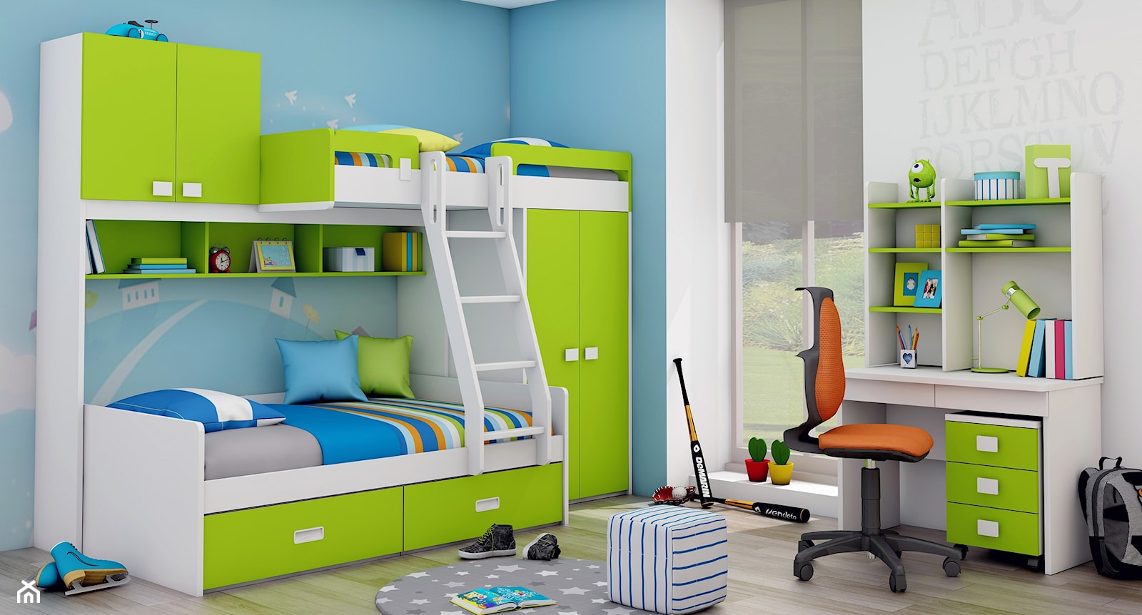Łóżko piętrowe dla dzieci z szafą, półkami, regałem, szufladami i drabinką. - zdjęcie od Elies.pl - Homebook
