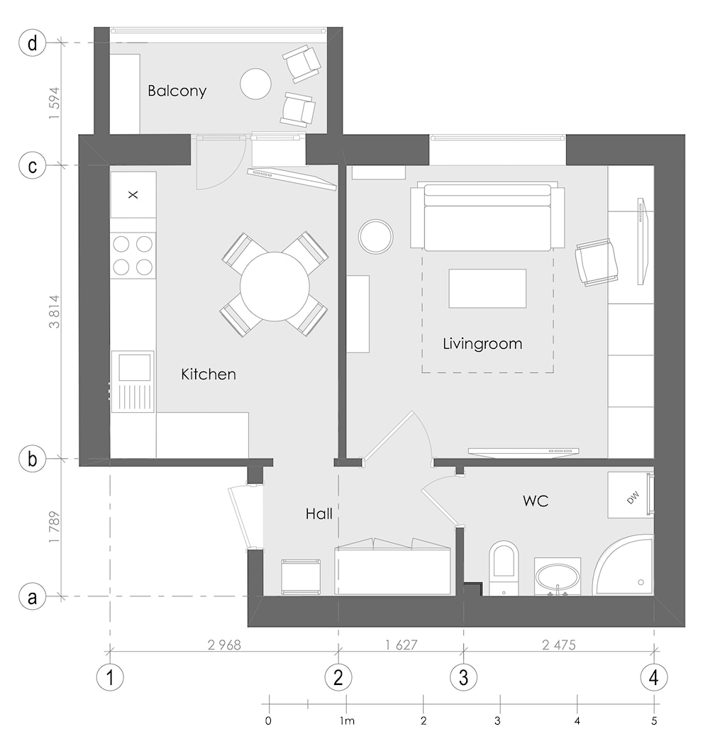 Rzut mieszkania na wynajem w skandynawskim stylu - zdjęcie od Alina Shevchenko Interiors - Homebook