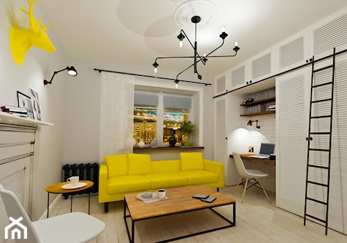 Salon w stylu skandynawskim, biały, zółty, czarny - zdjęcie od Alina Shevchenko Interiors