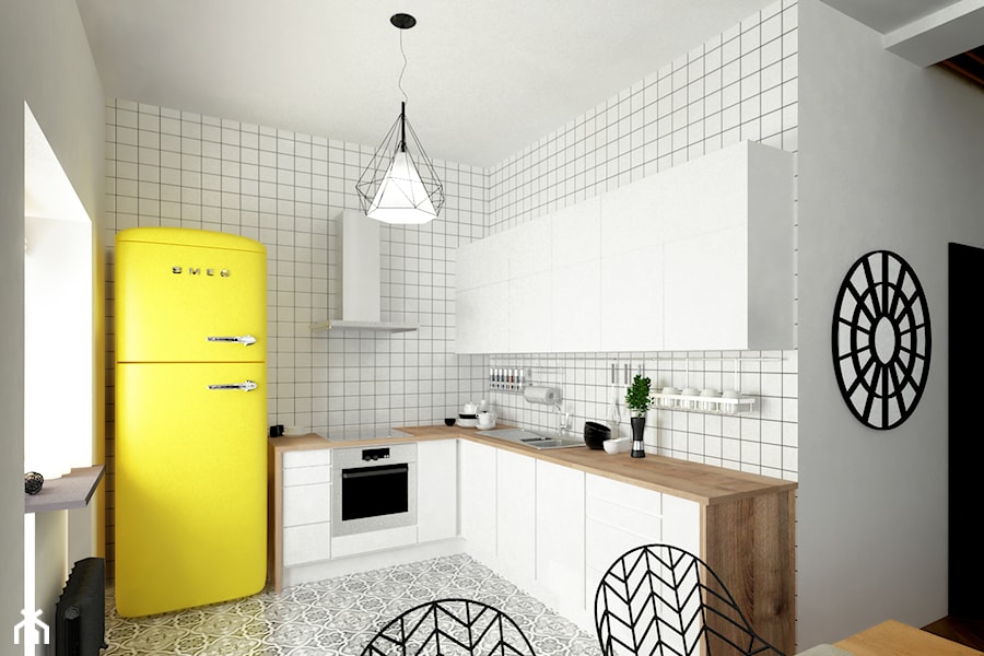 Kuchnia w skandynawskim stylu, biała płytka, żółty kolor akcentowy - zdjęcie od Alina Shevchenko Interiors