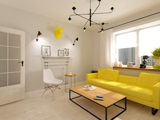 Mieszkanie kawalerka na wynajem - styl skandynawski, salon biały, żółty, czarny