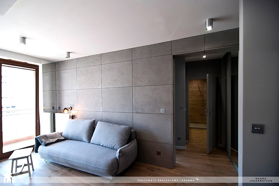 Mieszkanie Twardowskiego - Mały szary salon, styl nowoczesny - zdjęcie od magda jagannathan pracownia projektowa JAGANNA