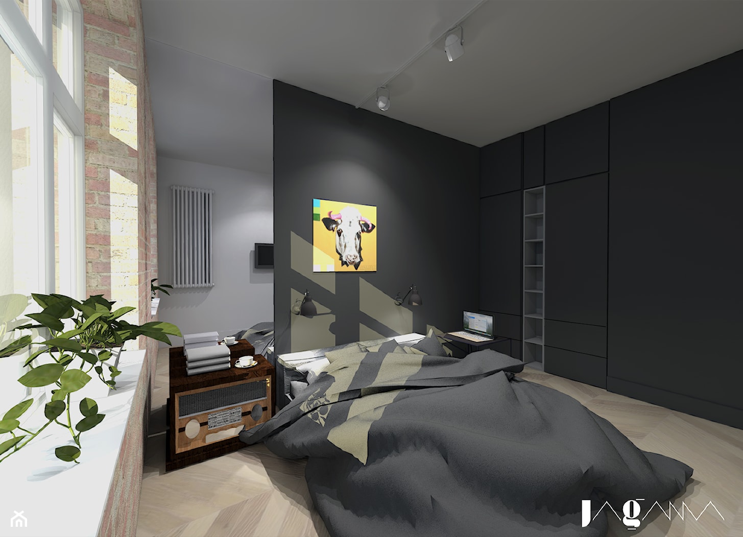 Mieszkanie w starej kamienicy - Średnia czarna szara sypialnia, styl nowoczesny - zdjęcie od magda jagannathan pracownia projektowa JAGANNA - Homebook