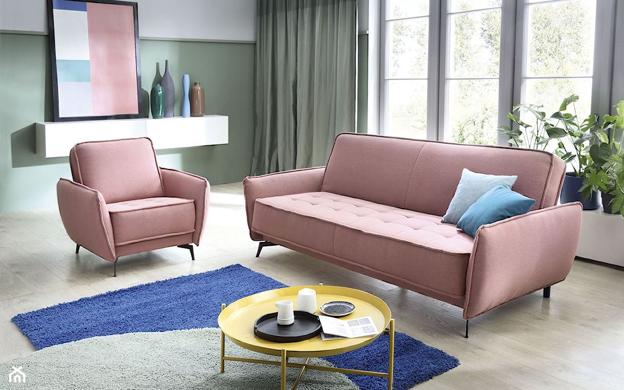 różowa sofa na nóżkach, pudroworóżowa sofa na nóżkach, komplet wypoczynkowy do salonu w stylu skandynawskim