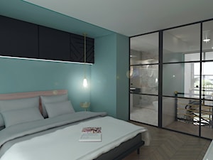 Sypialnia ze złotymi elementami i szklanymi drzwiami. - zdjęcie od KWojciechowska Studio