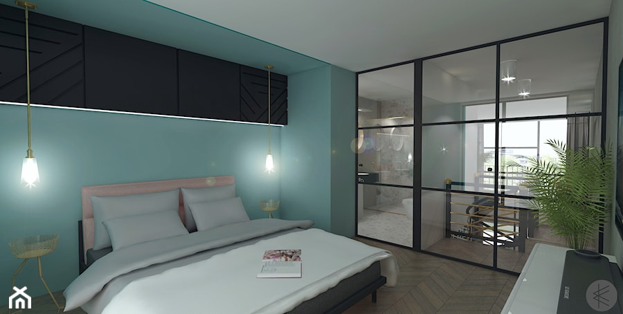Sypialnia ze złotymi elementami i szklanymi drzwiami. - zdjęcie od KWojciechowska Studio