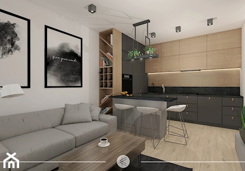 ANTRACYTOWA ELEGANCJA. - Mały czarny szary salon z kuchnią z jadalnią, styl minimalistyczny - zdjęcie od KWojciechowska Studio