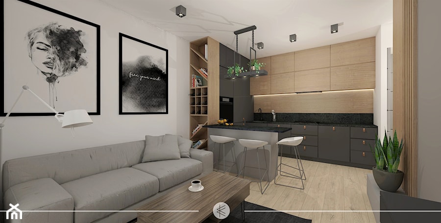 ANTRACYTOWA ELEGANCJA. - Mały czarny szary salon z kuchnią z jadalnią, styl minimalistyczny - zdjęcie od KWojciechowska Studio