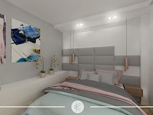 PASTELOWY APARTAMENT. - Mała biała szara sypialnia, styl skandynawski - zdjęcie od KWojciechowska Studio