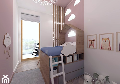 NIEBIESKI ŻOLIBORZ. - Mały różowy szary pokój dziecka dla dziecka dla chłopca dla dziewczynki, styl skandynawski - zdjęcie od KWojciechowska Studio