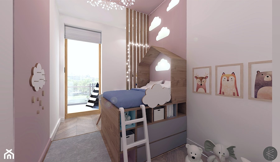 NIEBIESKI ŻOLIBORZ. - Mały różowy szary pokój dziecka dla dziecka dla chłopca dla dziewczynki, styl skandynawski - zdjęcie od KWojciechowska Studio