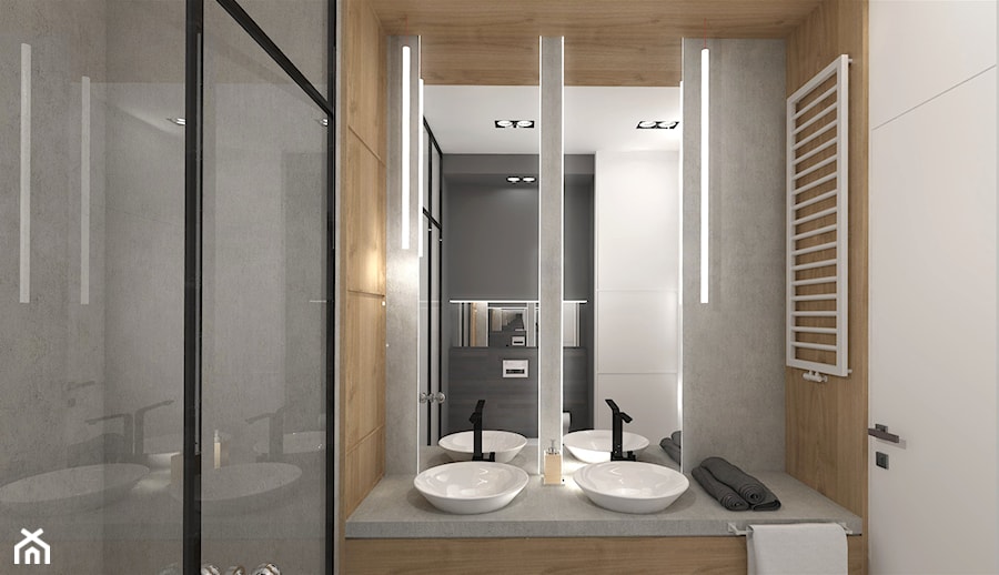 MĘSKI MINIMALIZM. - Mała bez okna z dwoma umywalkami z punktowym oświetleniem łazienka, styl minimalistyczny - zdjęcie od KWojciechowska Studio