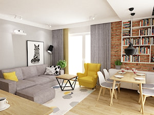 mieszkanie 50m2 w warszawie - Mały szary salon z bibiloteczką z jadalnią z tarasem / balkonem, styl ... - zdjęcie od Grafika i Projekt architektura wnętrz