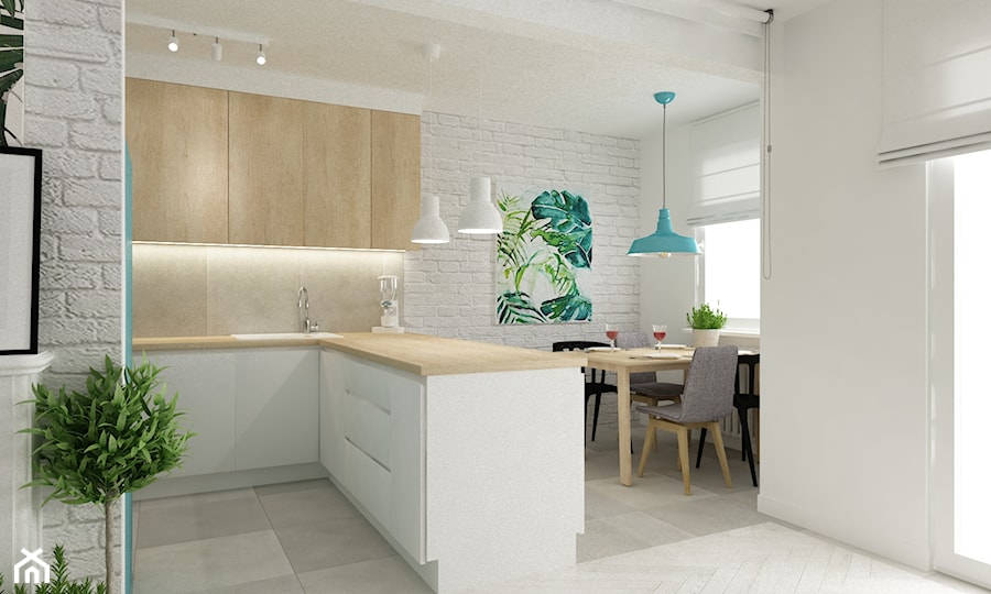 mieszkanie z akcentem turkusu metamorfoza - Mała biała jadalnia w kuchni, styl skandynawski - zdjęcie od Grafika i Projekt architektura wnętrz
